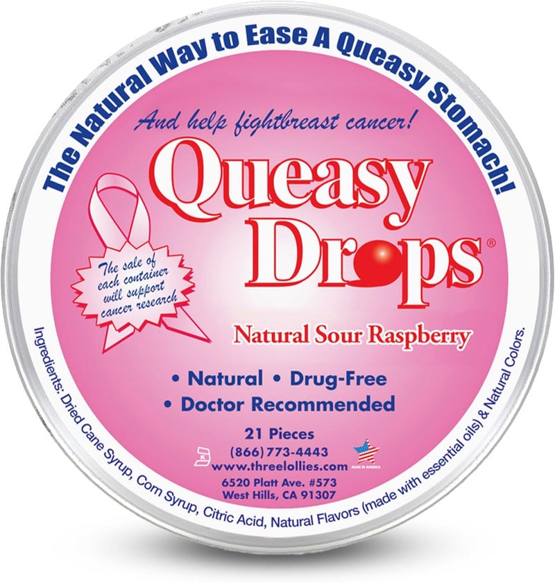 Three Lollies Queasy Drops - Natural Sour Raspberry Nausea Relief for Breast Cancer Awareness - Image 1